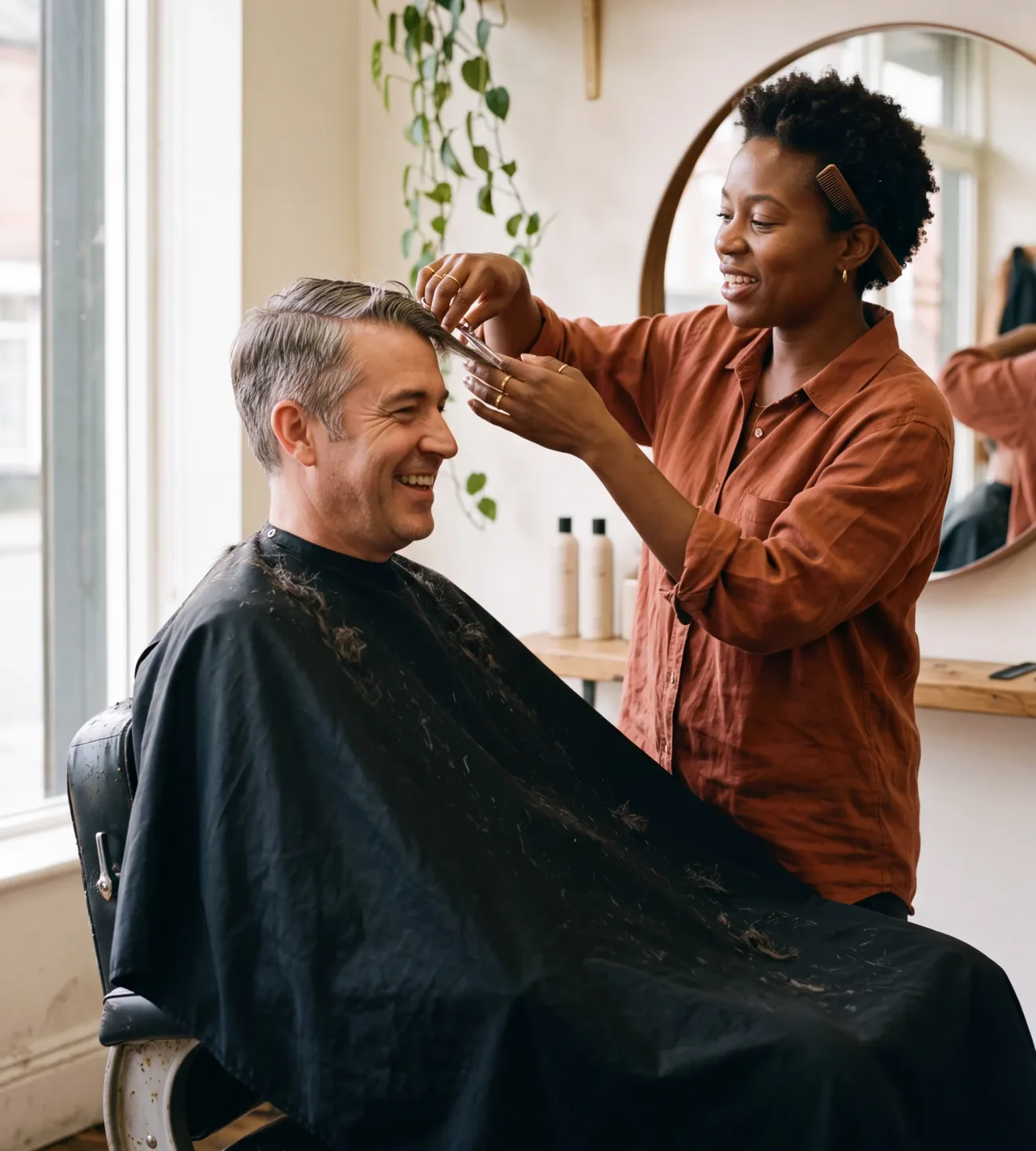 A stylist at work in a small hair salon