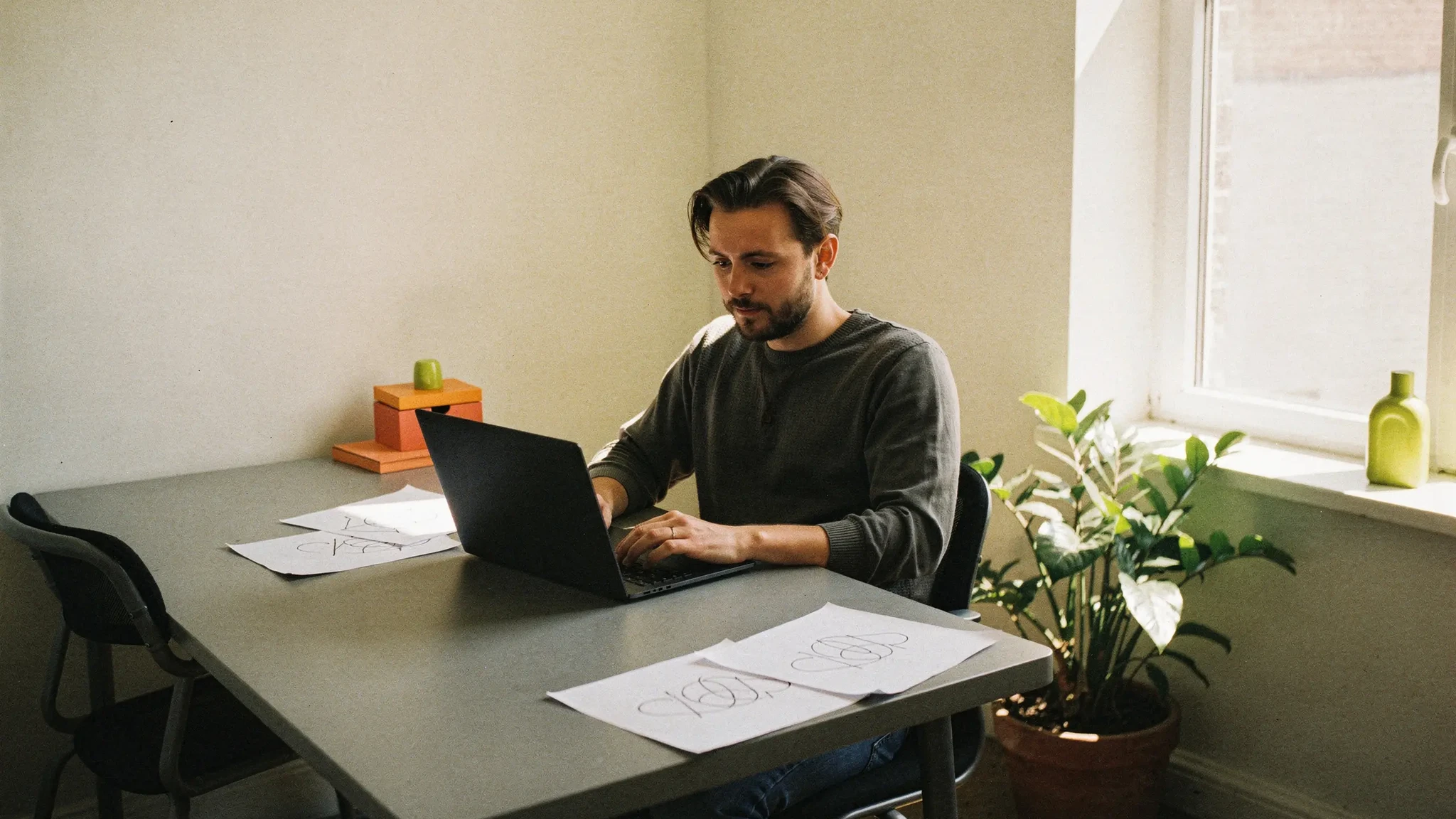 An independent agency owner working at a laptop in a bright creative studio
