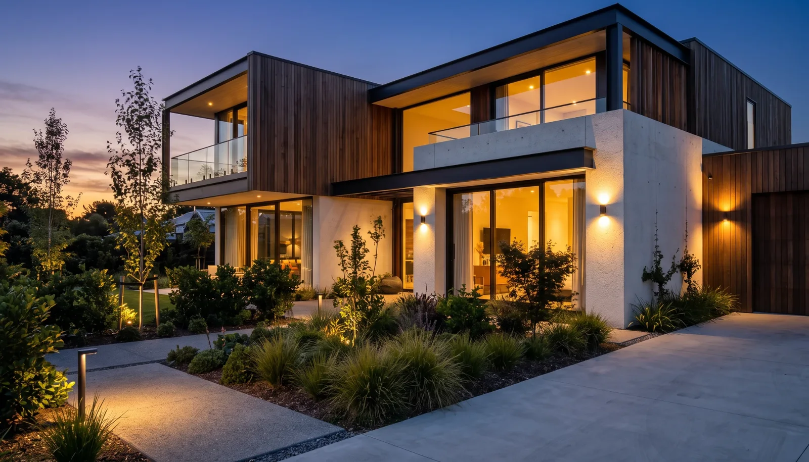 A modern family home at dusk